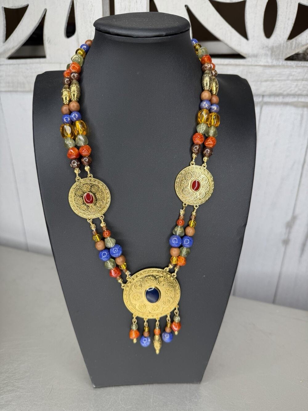 VINTAGE Liz Claiborne Necklace Bright Gold Tone Bright Colorful Tribal Boho